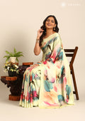 Pastel Green Watercolor Floral Digital Printed Satin Saree - Taashi