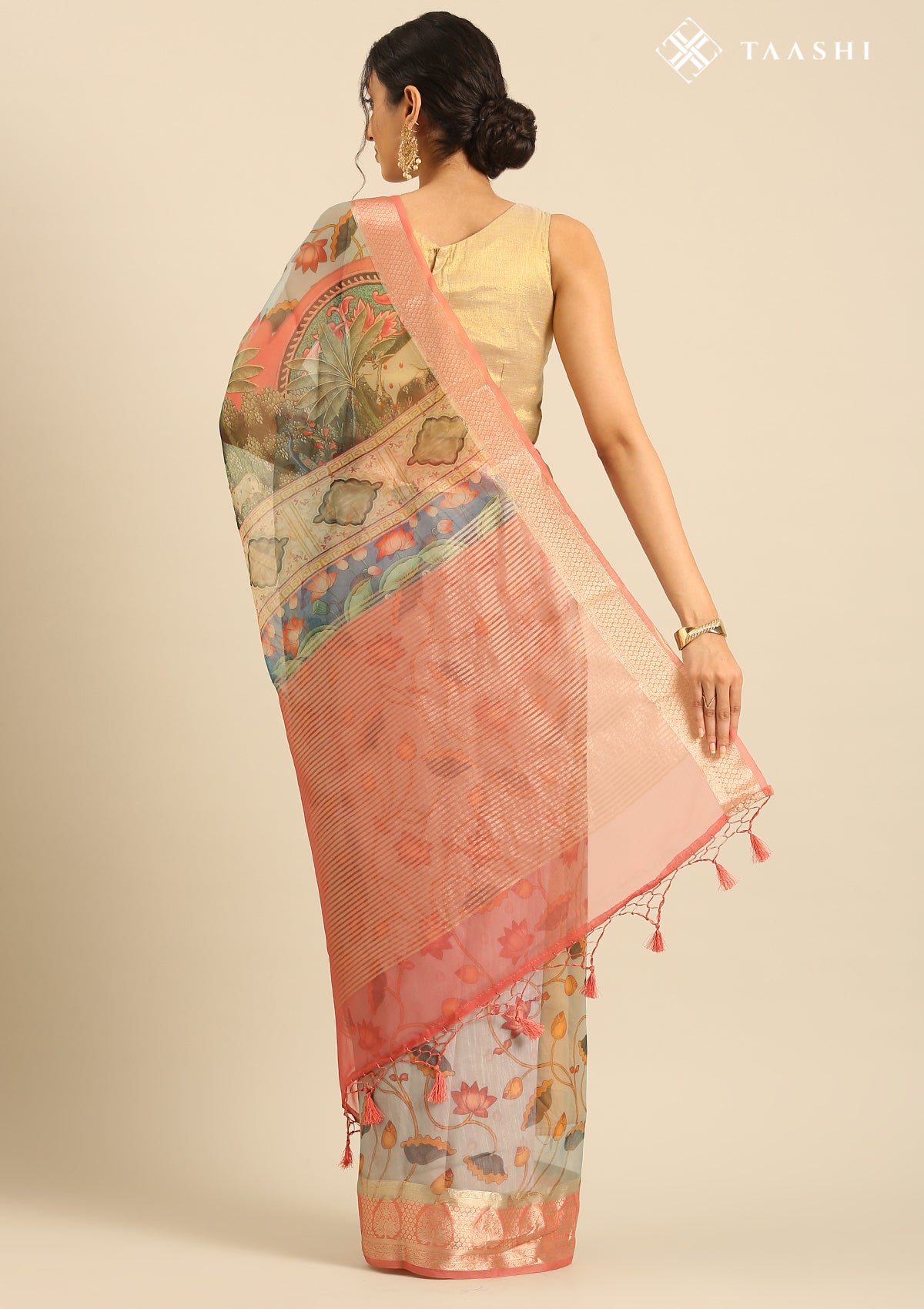 Pastel Pink And Blue Nature InspiRed Printed Organza Saree - Taashi