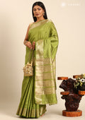 Green Traditional Zari Butta Woven Tussar Saree - Taashi
