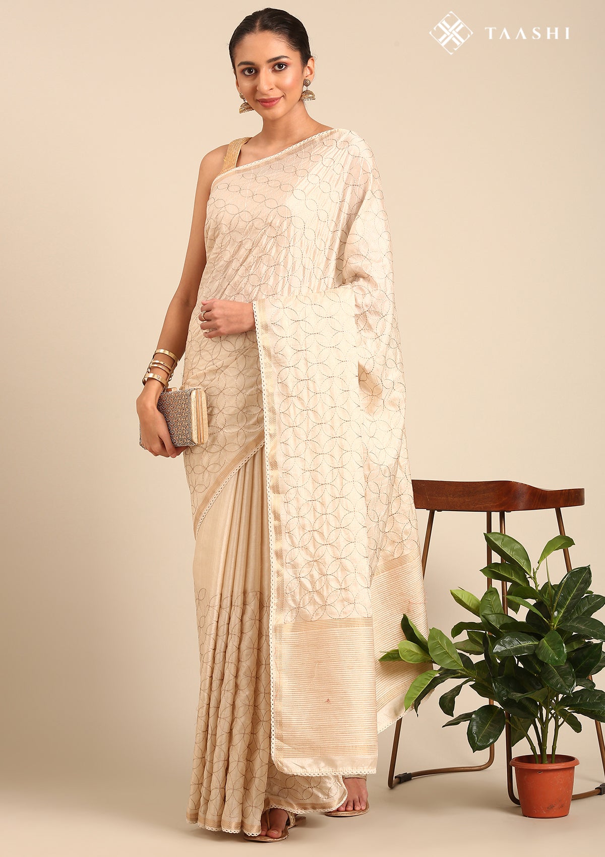 Cream Fancy Embroidery Tussar Saree - Taashi