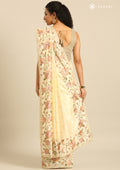 Pastel Yellow Floral Embroiderd Linen Saree - Taashi