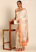 Cream And Copper Jaal Floral Printed Art Tussar Matka Silk Saree - Taashi