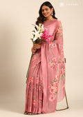 Dusty Pink Floral Digital Printed Georgette Saree - Taashi