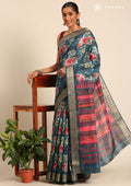 Teal Watercolor Floral Printed Tussar Saree - Taashi