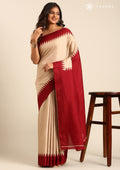 Beige Maroon Temple Bordered Digital Printed Tussar Saree - Taashi