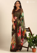 Chocolate Brown Multicolor Floral Digital Printed Georgette Saree - Taashi