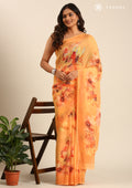 Orange Watercolor Floral Printed Georgette Saree - Taashi