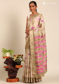 Pastel Olive Green Watercolor Floral Printed And Plaids Woven Linen Saree - Taashi