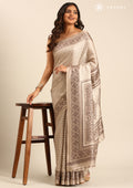 Dusty Grey Butti Printed Art Tussar Matka Silk Saree - Taashi