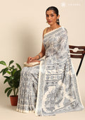 Cream And Grey Stylised A/O Paisley Pattern Linen Saree - Taashi