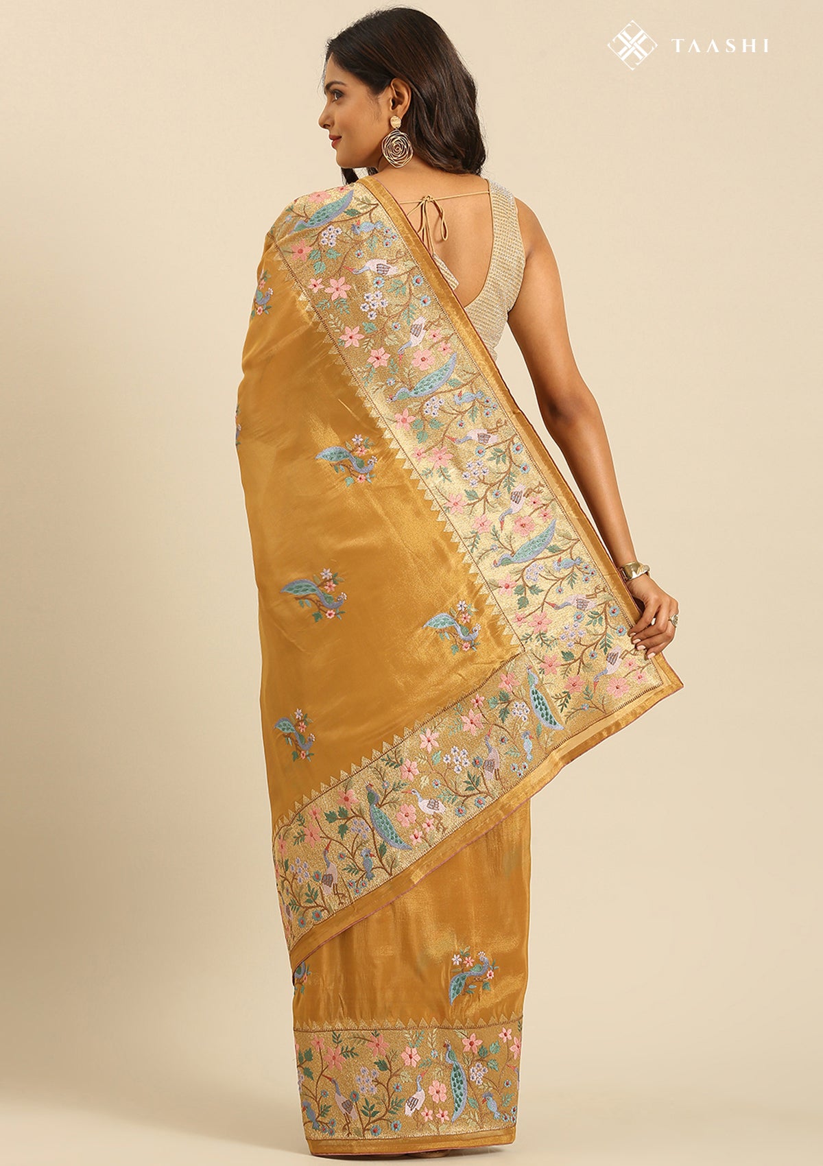 Amber Gold Nature InspiRed Embroiderd Tissue Saree - Taashi