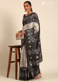 Grey Batik Printed Art Tussar Matka Silk Saree - Taashi