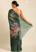 Metallic Dark Green Printed And EmbroideRed Organza Saree - Taashi
