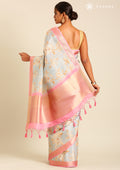 Blue And Pink Floral Printed Tissue Organza Saree - Taashi