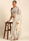 Pastel Sage Green Watercolor Floral Printed Georgette Saree - Taashi