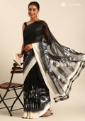 Black Abstract Floral Printed And Striped Chiffon Saree - Taashi