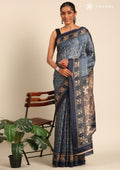 Blue Geometric Printed Tussar Saree - Taashi