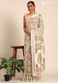 Cream And Heena Stylised A/O Paisley Pattern Linen Saree - Taashi
