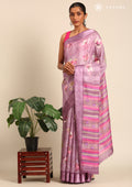 Purple Watercolor Floral Printed And Plaids Woven Linen Saree - Taashi
