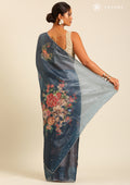 Metallic Blue Printed And EmbroideRed Organza Saree - Taashi