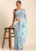 Pastel Blue Watercolor Floral Printed Georgette Saree - Taashi