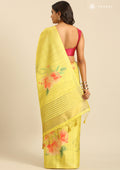 Yellow Floral Printed Zari Woven Tussar Saree - Taashi