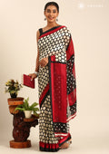Black And Cream Polkadots Printed Chiffon Saree - Taashi