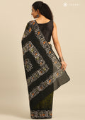 Olive Green And Black Batik Printed Cotton Saree - Taashi