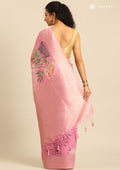Pastel Pink Floral Printed Zari Woven Organza Saree - Taashi