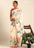 Cream Multicolor Watercolor Floral Printed Crepe Saree - Taashi