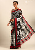 Black And White Abstract Printed Chiffon Saree - Taashi