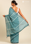 Teal Batik Floral Butta Printed Cotton Saree - Taashi