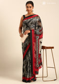 Black Abstract Floral Printed Chiffon Saree - Taashi