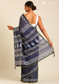 Navy Blue Batik Floral Butta Printed Cotton Saree - Taashi