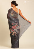 Metallic Charcoal Printed And EmbroideRed Organza Saree - Taashi