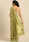 Olive Green Floral Embroiderd Linen Saree - Taashi