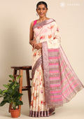 Cream Watercolor Floral Printed And Plaids Woven Linen Saree - Taashi