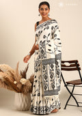 Cream And Black Floral And Tribal Pattern Woven Tussar Saree - Taashi