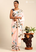 Pastel Pink Multicolor Watercolor Floral Printed Crepe Saree - Taashi