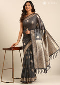 Dark Grey Floral Butta Pattern Tussar Saree - Taashi