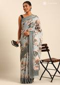 Grey Floral Printed Georgette Saree - Taashi