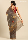 Dusty Dark Grey Floral Printed Tussar Saree - Taashi