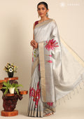 Grey Floral Printed Tussar Saree - Taashi