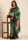 Green Multicolor Floral Digital Printed Georgette Saree - Taashi