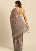 Graphite Floral, Flamingo Printed And Zari Stripes Tussar Saree - Taashi