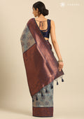 Dusty Blue Floral Tissue Brocade Silk Saree - Taashi