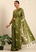 Olive Green Placement Jacquard Woven Tussar Saree - Taashi