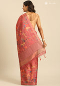 Dusty Pink Floral, Flamingo Printed And Zari Stripes Tussar Saree - Taashi