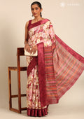 Maroon Watercolor Floral Printed And Plaids Woven Linen Saree - Taashi