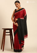 Red And Black Temple Border Printed Tussar Saree - Taashi
